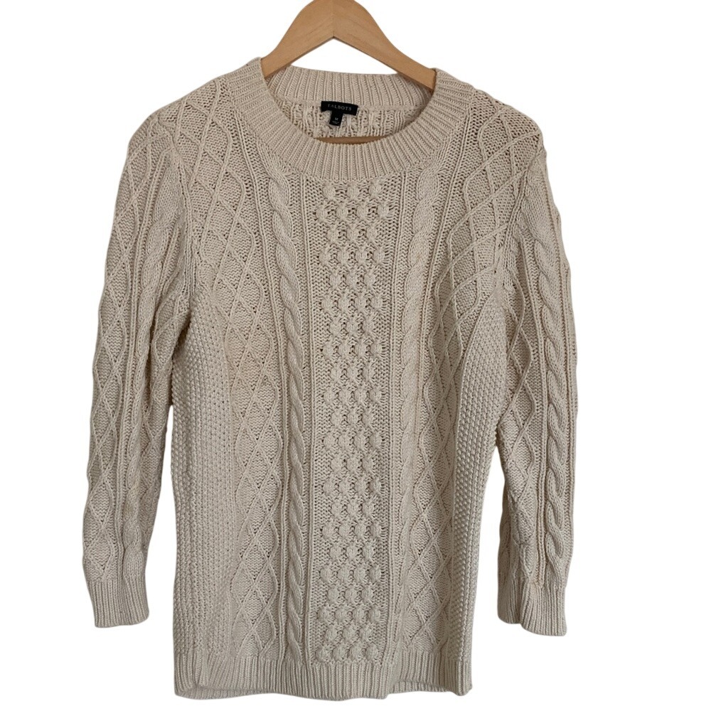 Talbots Womens Cable Knit Cream Sweater Size Medium Fisherman Classic Wool Blend